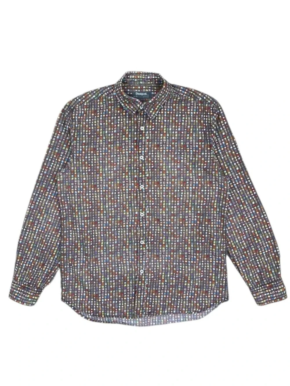 Desigual Multicolor Dot Grid Long-Sleeve Button-Down Cotton Shirt Sz XL